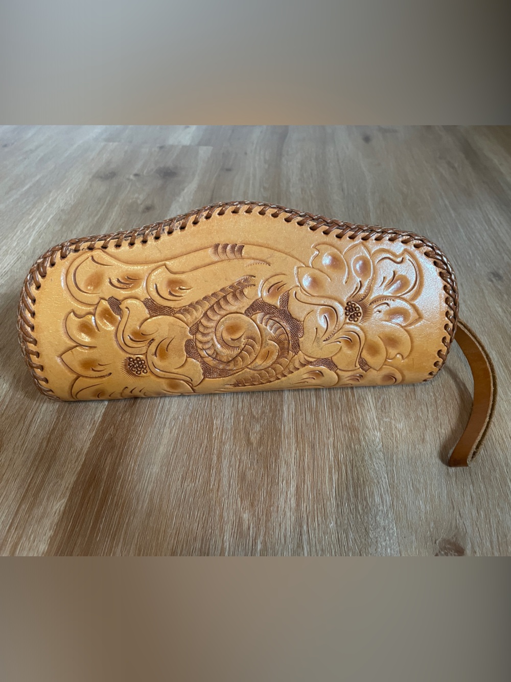 Hand-Tooled Leather Zip Pouch in Tan